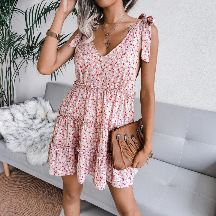 Damen luftiges V-Ausschnitt Sommerkleid mit Rüschendetails Drune