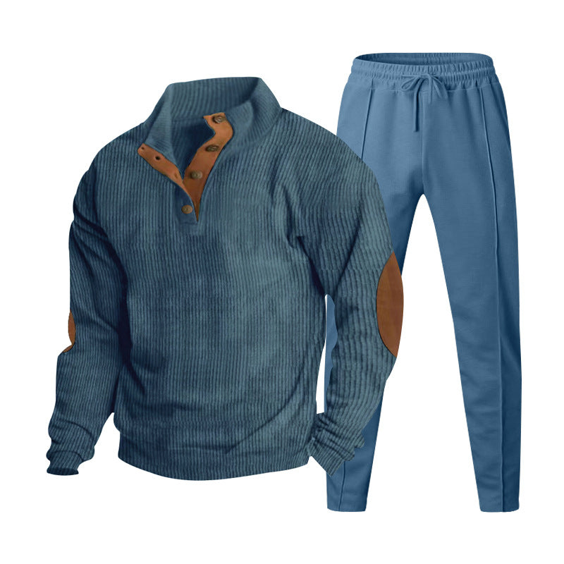 Herren nan gerippter Henley-Freizeitanzug mit dekorativer Knopfleiste und Wildleder-Ellenbogenpatch konisch geschnittene Jogginghose Drune