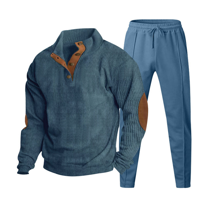 Herren nan gerippter Henley-Freizeitanzug mit dekorativer Knopfleiste und Wildleder-Ellenbogenpatch konisch geschnittene Jogginghose Drune