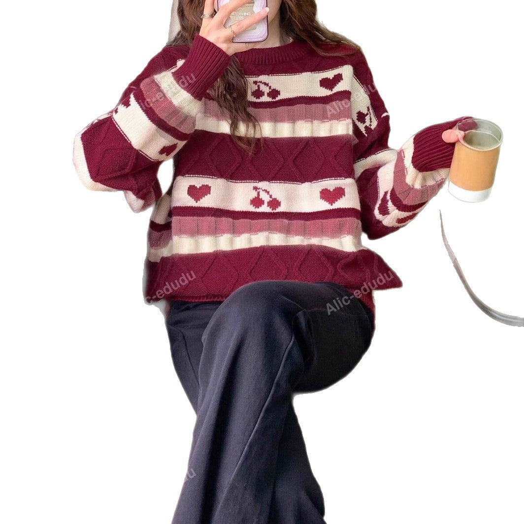 Damen Grobstrickpullover mit kreativem Herz- und Fruchtmuster Drune