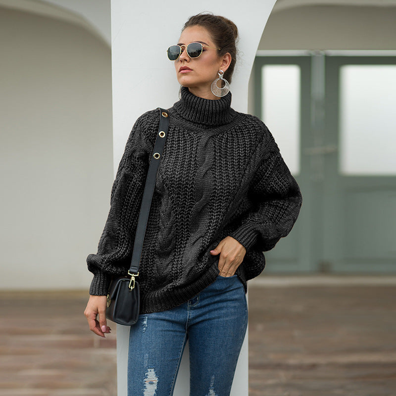 Damen Grobstrick-Pullover mit hohem Kragen und Zopfmuster Drune