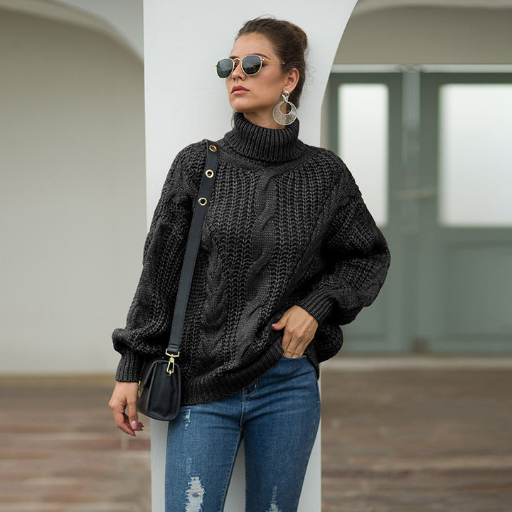 Damen Grobstrick-Pullover mit hohem Kragen und Zopfmuster Drune