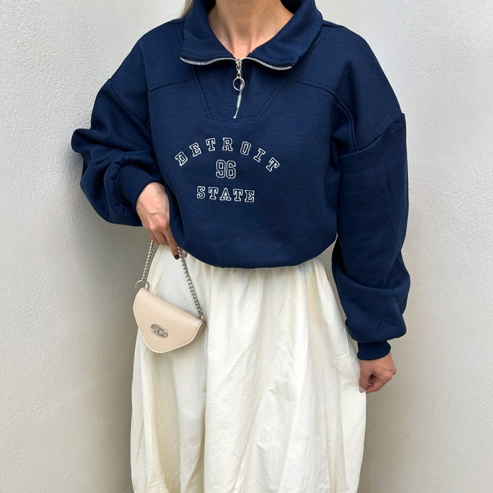 Damen Sweatshirt mit stylischem Stehkragen und Vintage-Print Drune