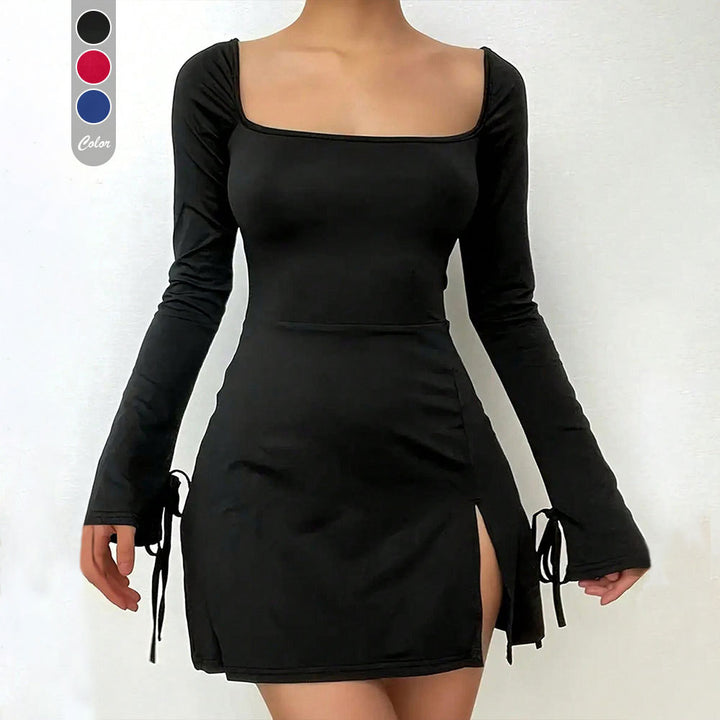 Damen Minikleid mit tiefem V-Ausschnitt, langem Arm und eleganter Schnürung Drune