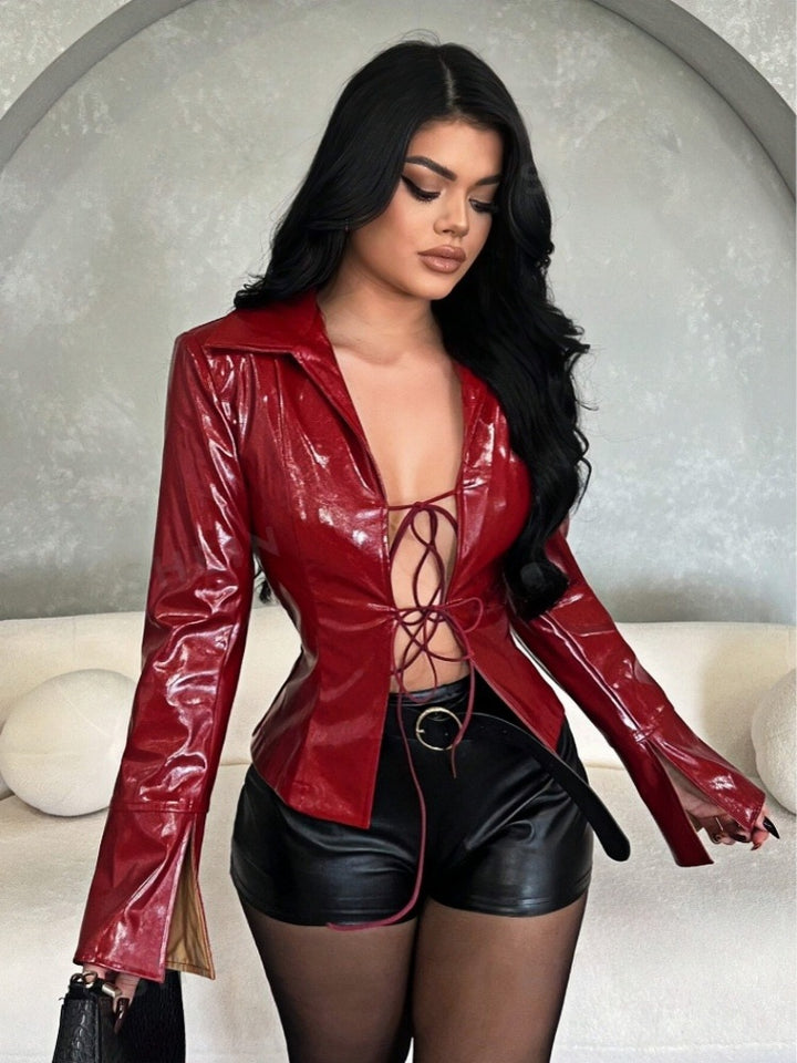 Damen Kunstleder Jacke mit raffiniertem Schnürdesign Drune