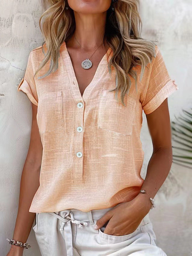 Damen Kurzarm Bluse mit Knopfleiste und Brusttaschen Drune