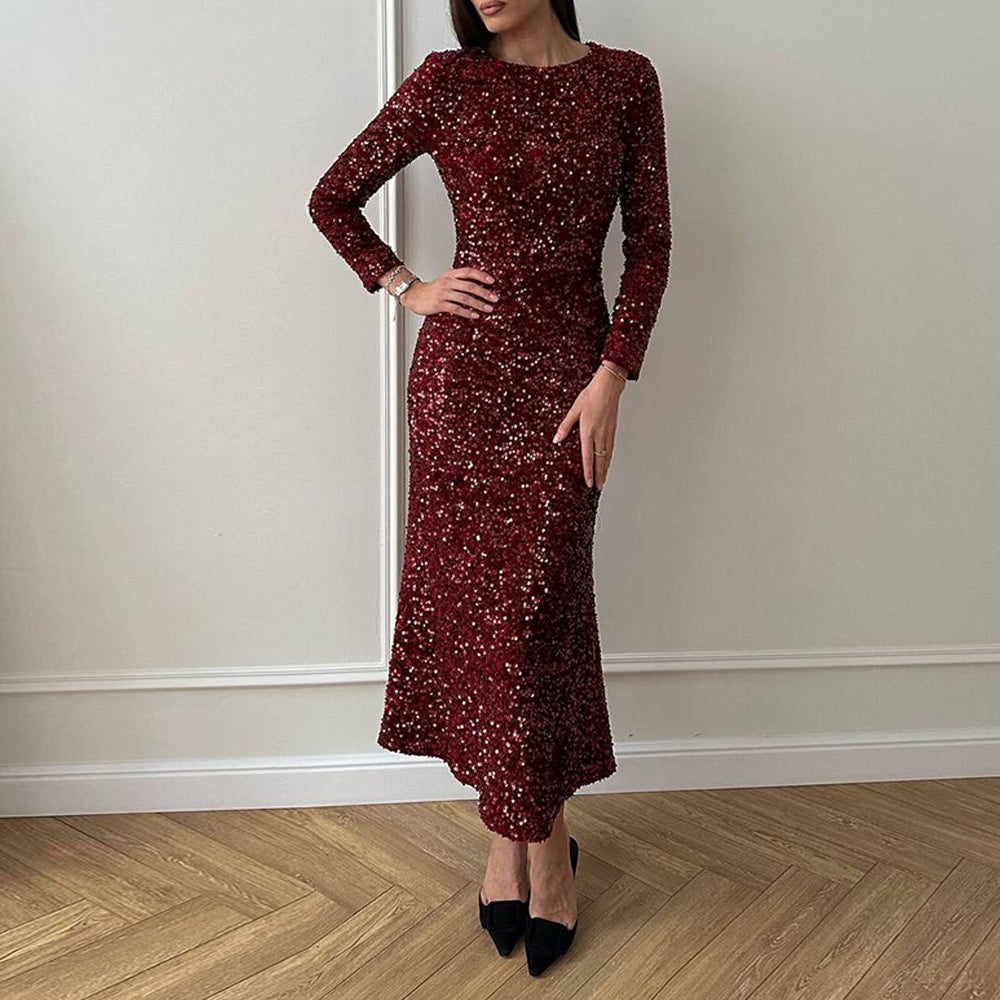 Damen Glitzerndes Abendkleid mit langen Ärmeln und schwingendem Saum Drune