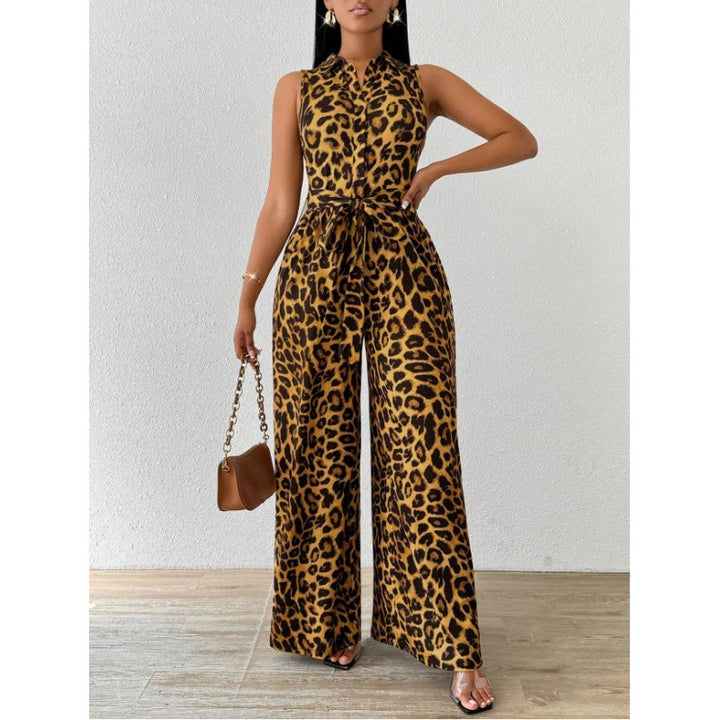Damen Jumpsuit mit Leopardenmuster und Taillengürtel Drune