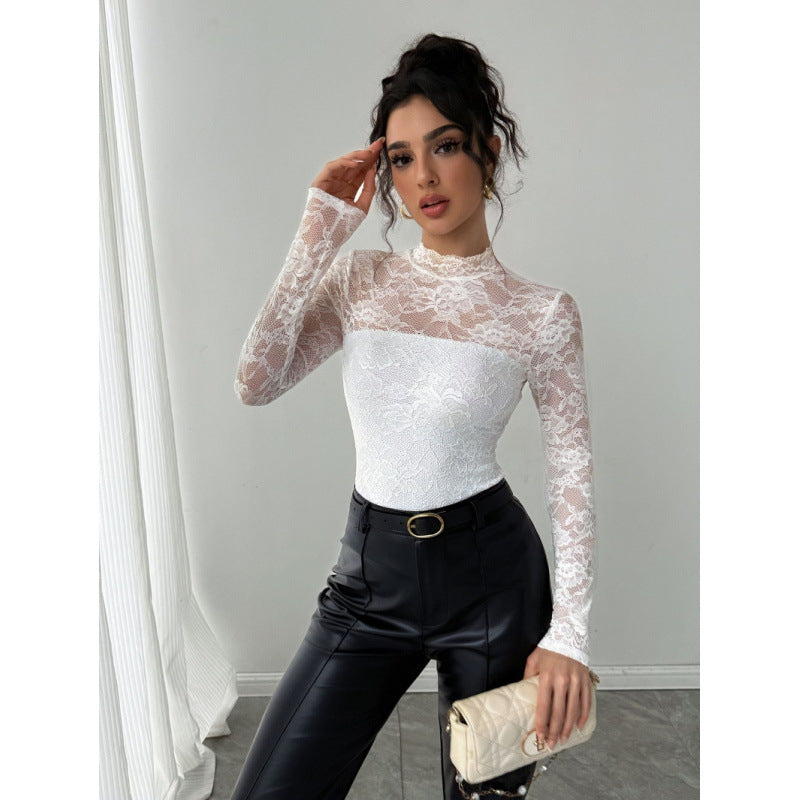 Damen Spitzenbody mit elegantem Stehkragen und langem Arm Drune