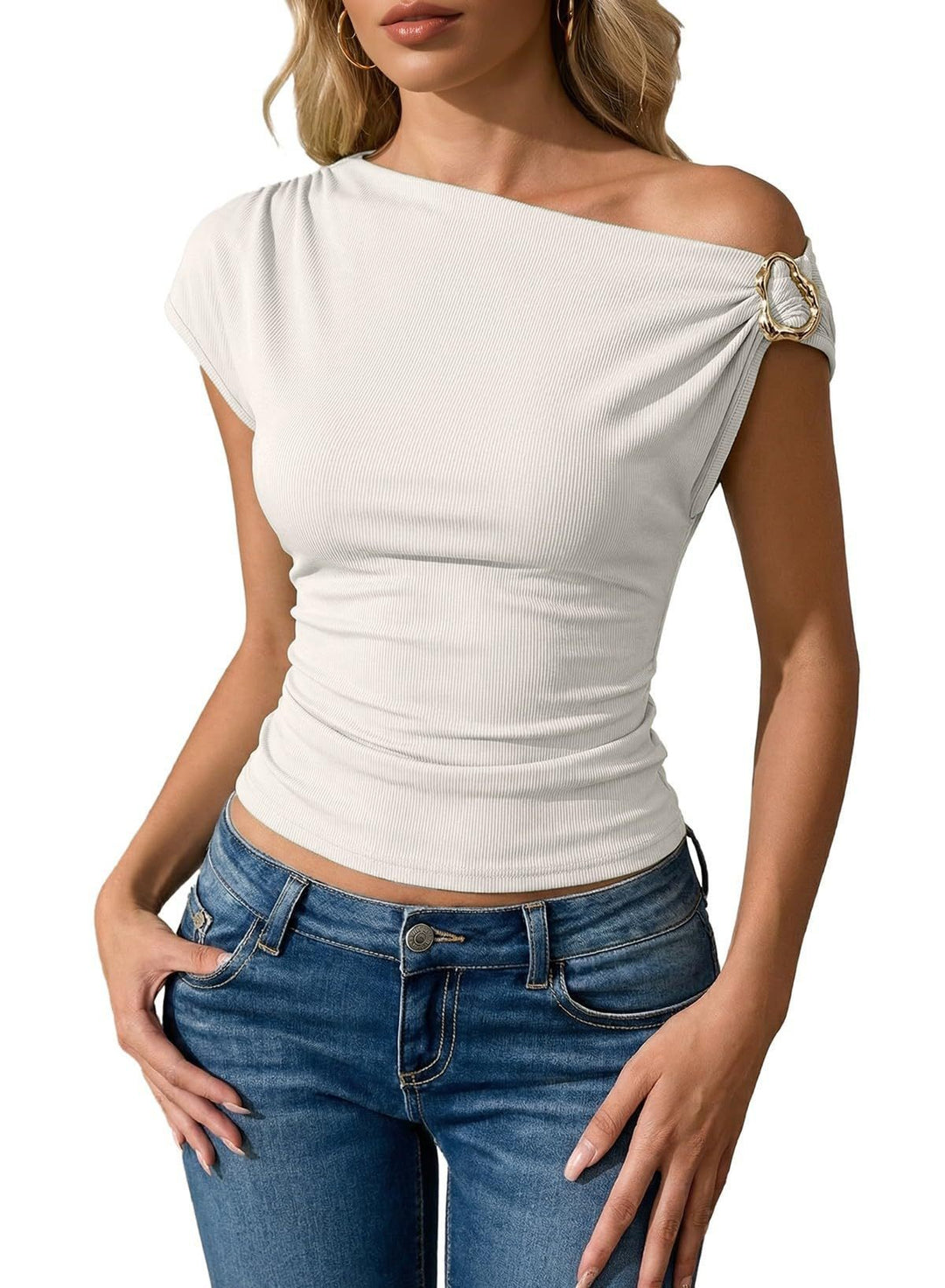 Damen asymmetrisches Oberteil mit modischem Schulterdesign Drune