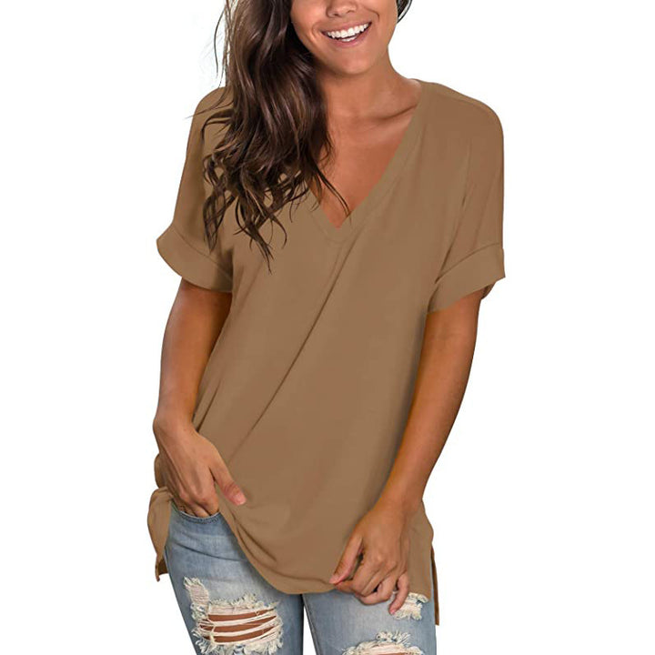 Damen V-Ausschnitt T-Shirt mit lässigem Schnitt und umgeschlagenen Ärmeln Drune