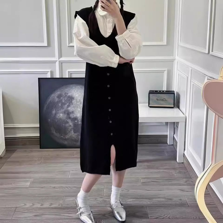 Damen Knielanges Strickkleid mit Knopfleiste und V-Ausschnitt Drune