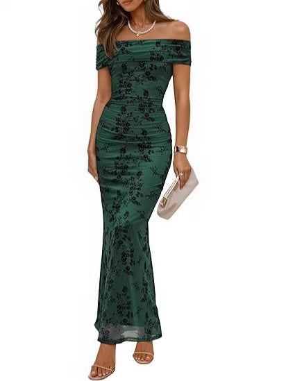 Damen elegantes Off-Shoulder Maxikleid mit floralem Muster und elastischem Einsatz Drune