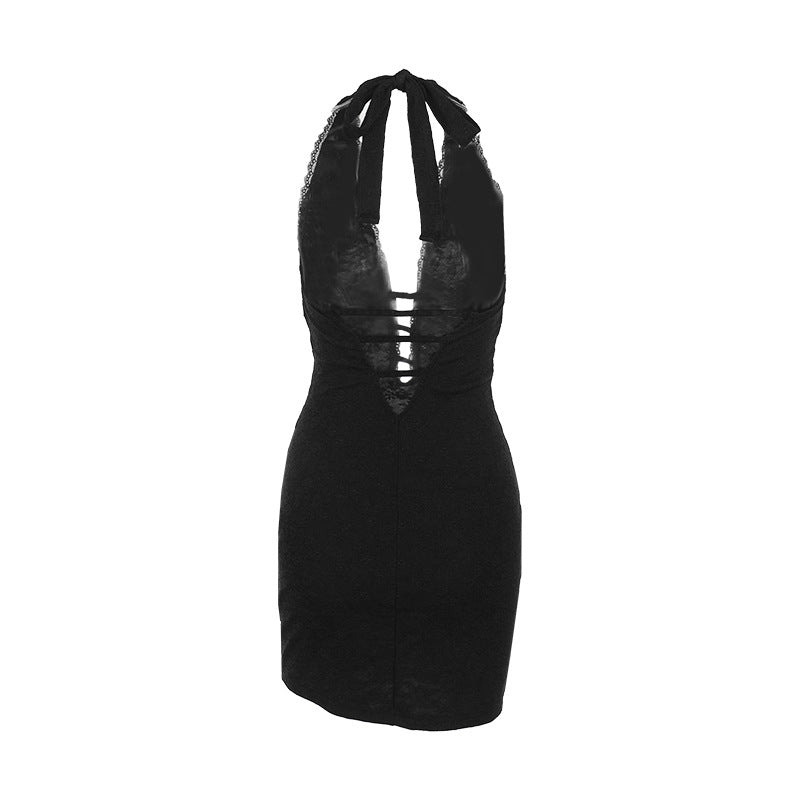 Damen verführerisches Neckholder-Kleid mit Raffung hinten und Spitzendetails Drune