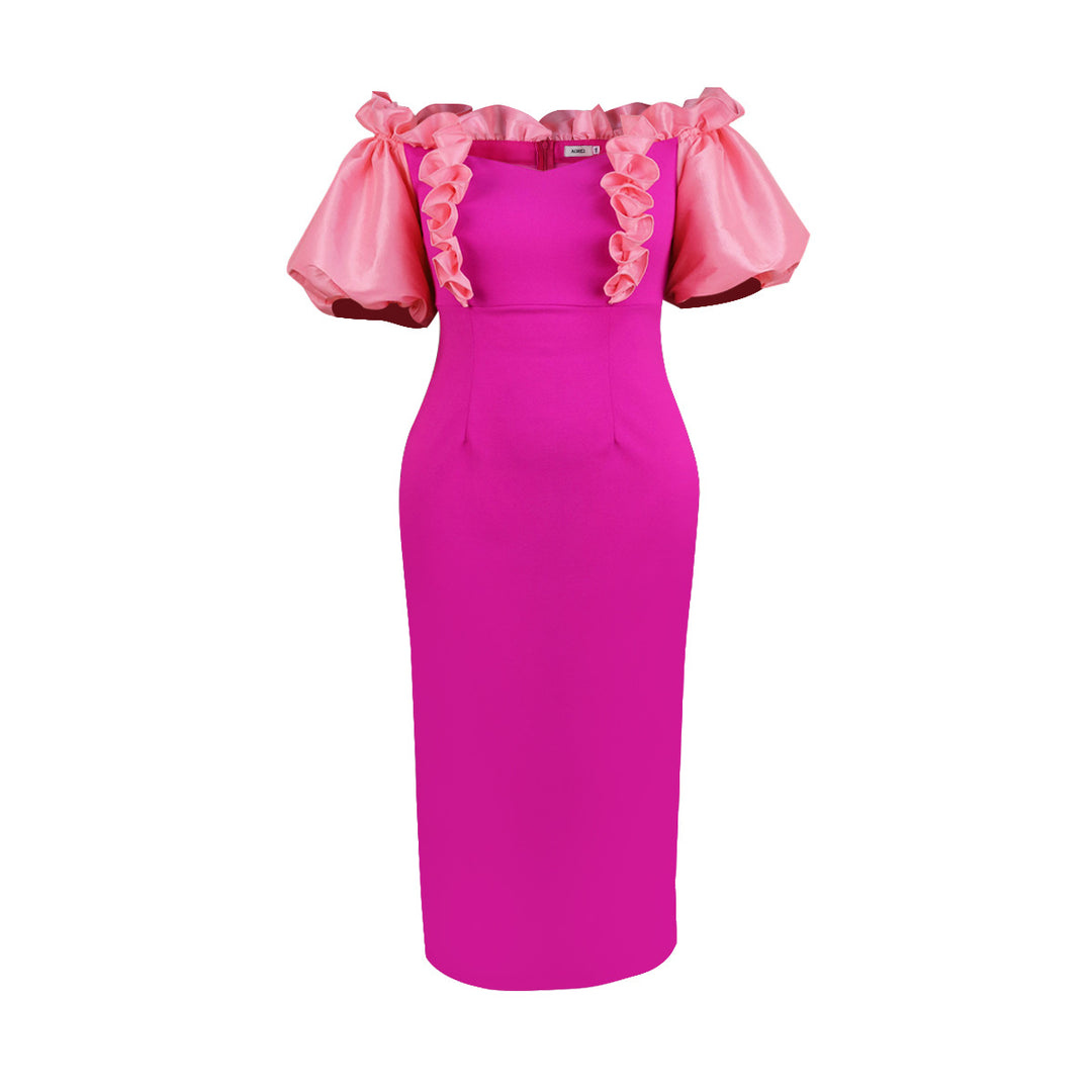 Damen figurbetontes Abendkleid mit voluminösen Rüschenärmeln Drune
