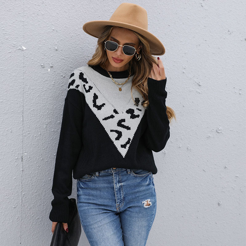 Damen lässiger Strickpullover mit kontrastierendem animalischem Muster Drune
