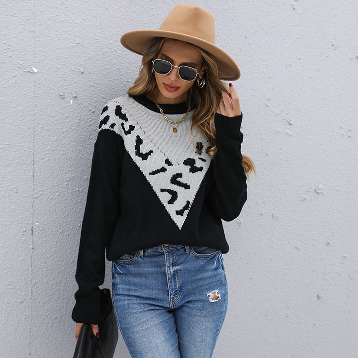 Damen lässiger Strickpullover mit kontrastierendem animalischem Muster Drune