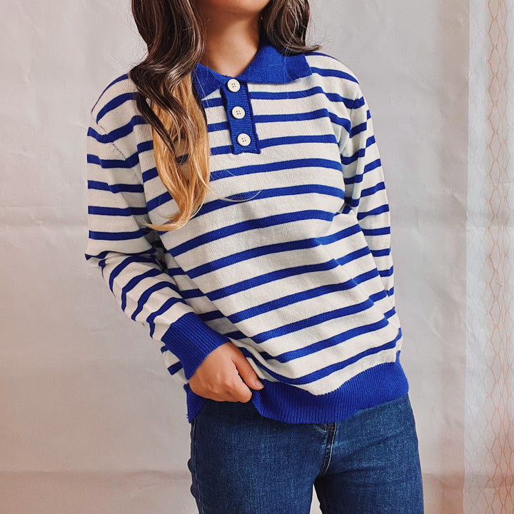 Damen legerer Streifenpullover mit Knopfleiste und weitem Schnitt Drune