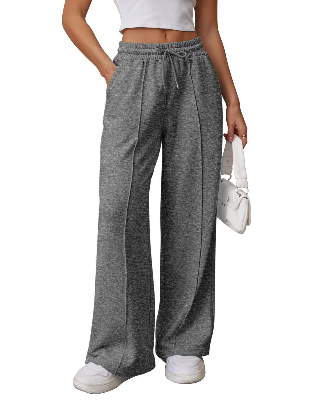 Damen nan High-Waist Relax-Freizeithose mit doppeltem Rippbund, sichtbarer Bügelfalte und weitem Bein Drune