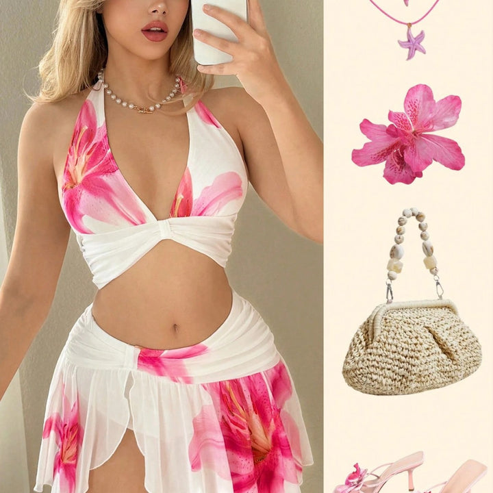 Damen Bikini-Set mit modischem Wickeldesign und floralem Rock Drune