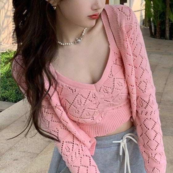Damen Stricktop mit Luftpunkten und passendem Cardigan Drune