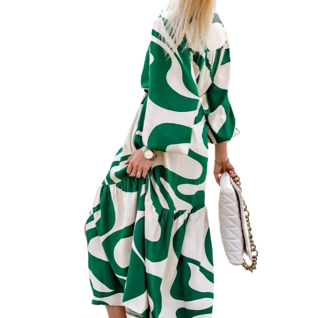 Damen Langarm Hemdblusenkleid mit modischem Muster und Taillengürtel Drune