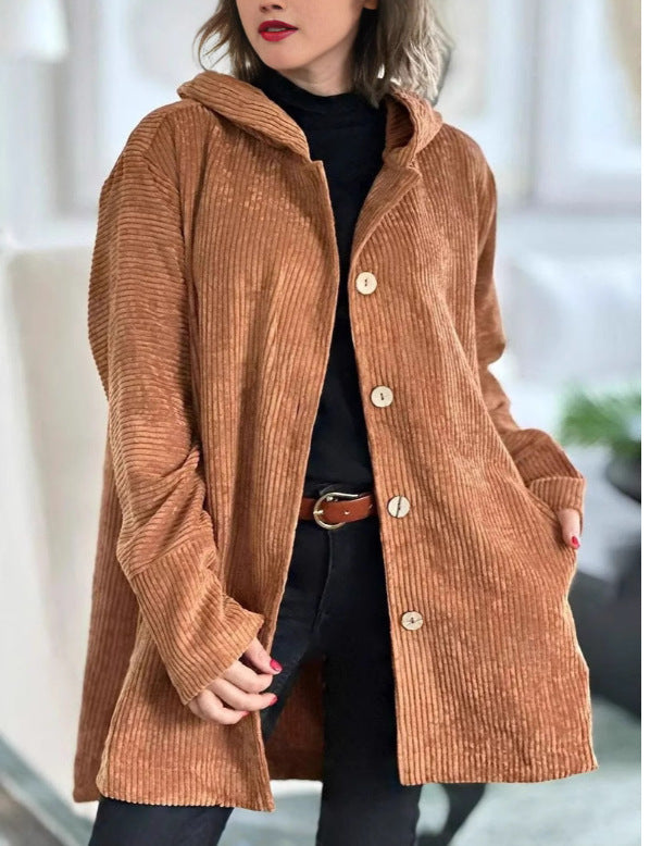 Damen Fleece-Hoodie-Mantel mit Knopfleiste und geripptem Design Drune