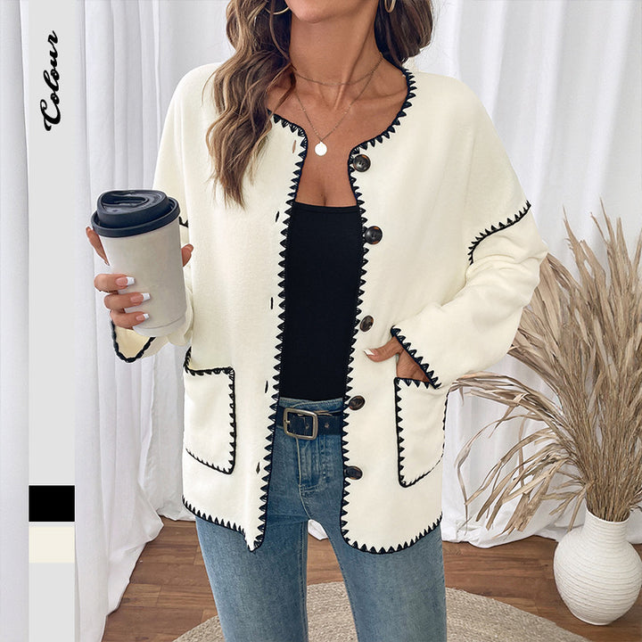 Damen Kuschelige Strickjacke mit dekorativen Kontrastnähten und praktischen Taschen Drune
