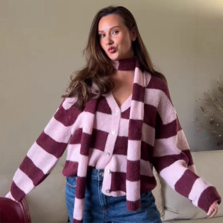 Damen kuschelige Strickjacke mit modischem Karomuster und abnehmbarem Schal Drune