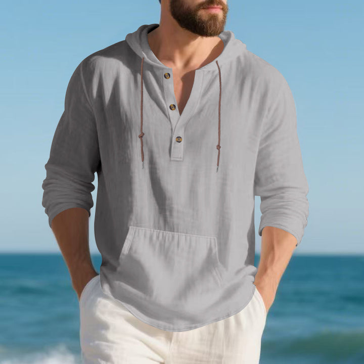 Herren nan leichtes Leinen-Henley-Kapuzenoberteil mit Kängurutasche und lässigem Relax-Fit Drune