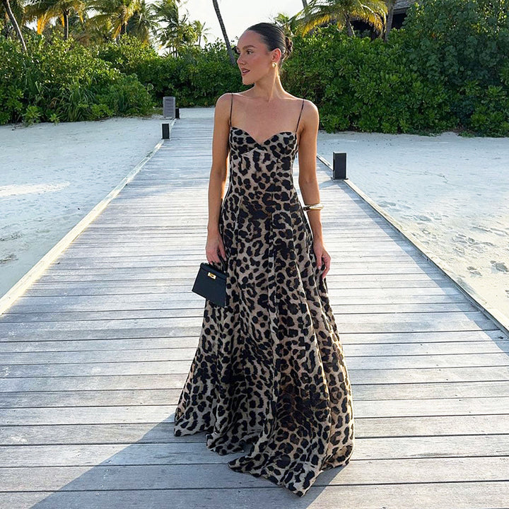 Damen Maxikleid mit figurbetontem Schnitt und floralem Leopardenmuster Drune