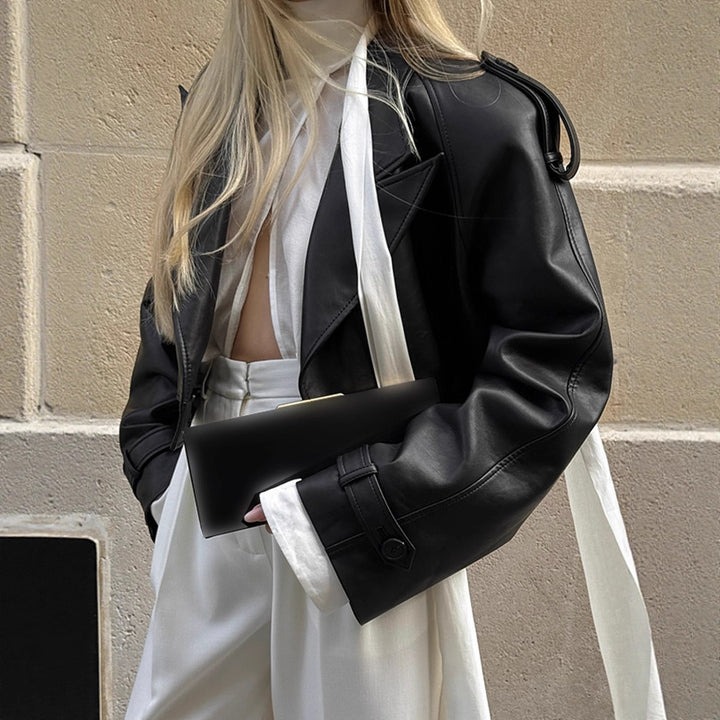 Damen Oversized Kunstlederjacke mit übergroßem Kragen und dekorativen Bindebändern Drune