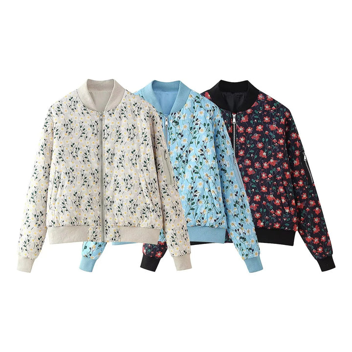 Damen stylische Bomberjacke mit floralen Mustern und elastischen Bündchen Drune