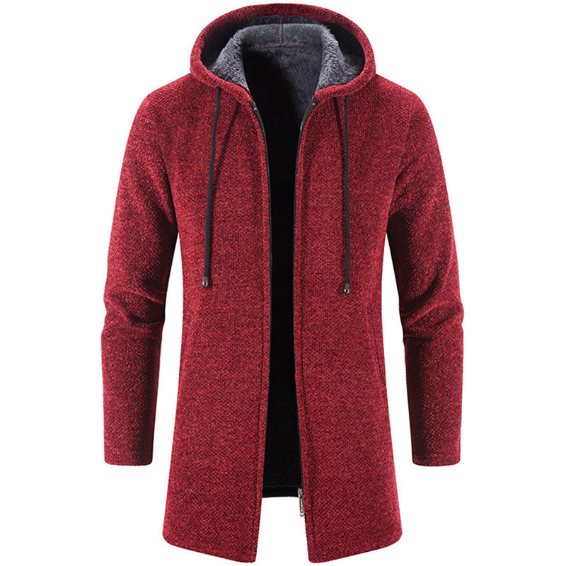 Herren nan langer Kapuzenstrickmantel mit Teddyfutter, durchgehendem Reißverschluss und seitlichen Eingrifftaschen Drune