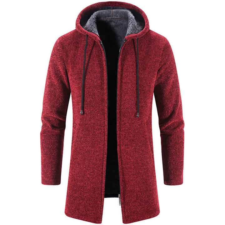 Herren nan langer Kapuzenstrickmantel mit Teddyfutter, durchgehendem Reißverschluss und seitlichen Eingrifftaschen Drune