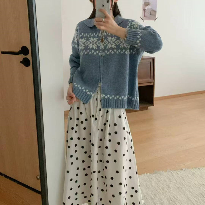 Damen Strickjacke mit modernem Norweger-Muster und hohem Kragen Drune