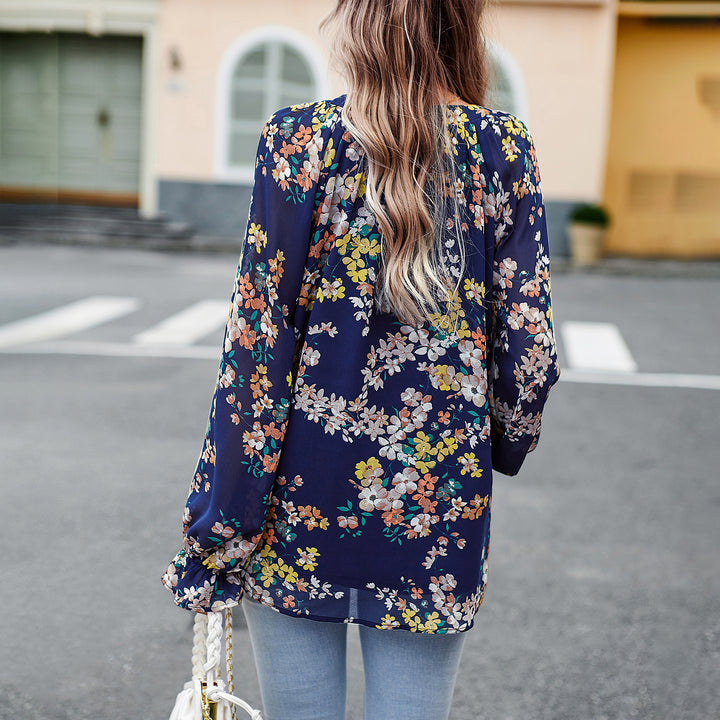 Damen nan Chiffon-Bluse mit floralem Alloverprint, V-Ausschnitt, Knopfleiste und gebundenen Manschetten Drune