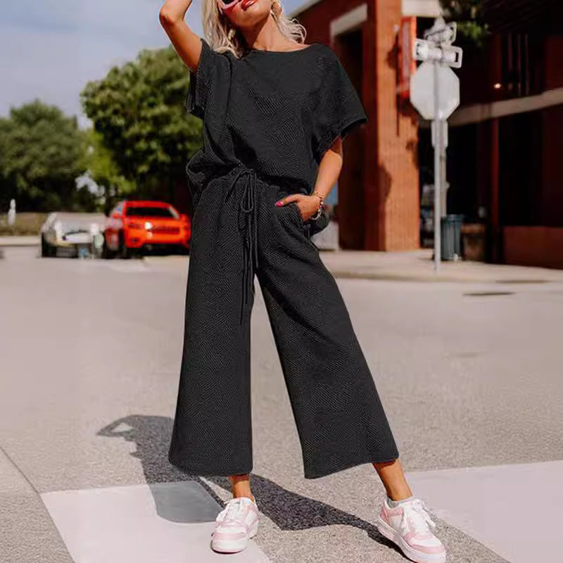 Damen lässiges Jumpsuit-Set aus weichem Material mit elastischem Bund und weit geschnittenen Beinen Drune