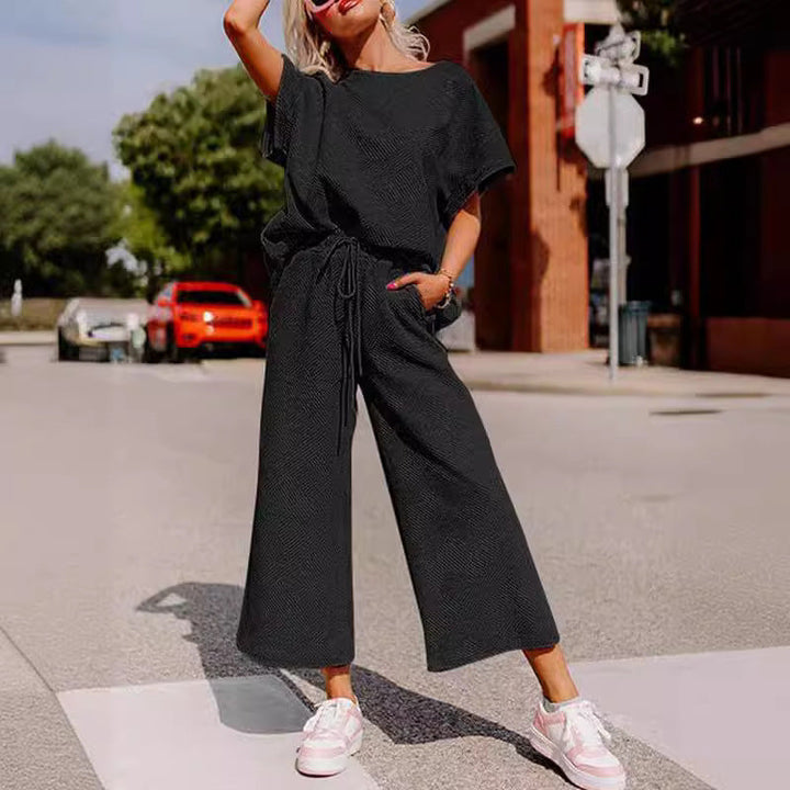 Damen lässiges Jumpsuit-Set aus weichem Material mit elastischem Bund und weit geschnittenen Beinen Drune