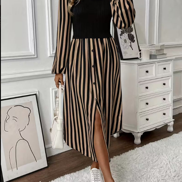 Damen Streifen Kleid mit tailliertem Oberteil und Knopfleiste Drune