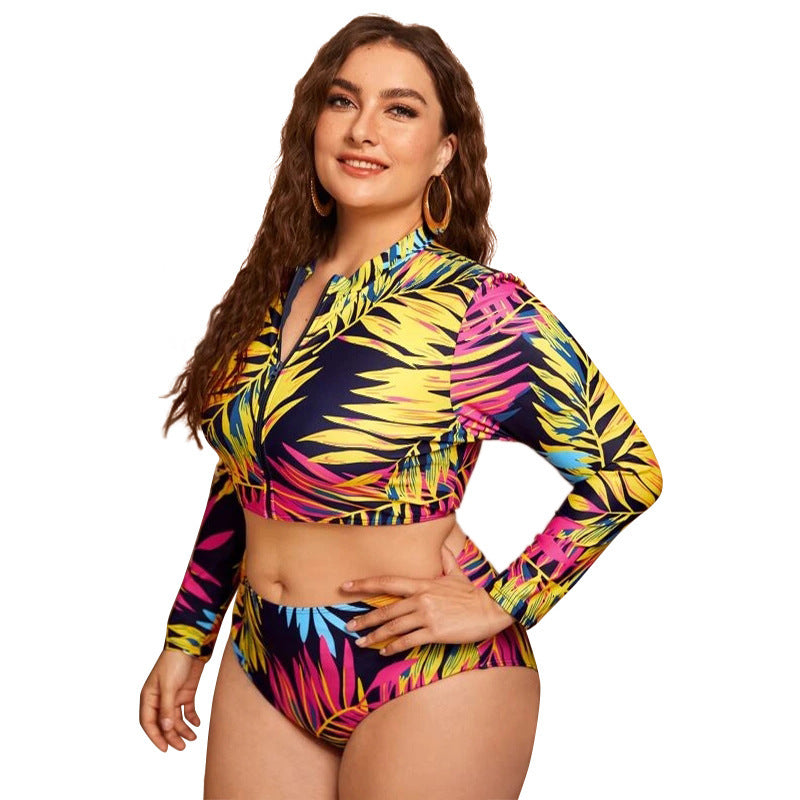 Damen Surf-Bikini-Set mit langärmligem Oberteil und buntem Palmendruck Drune