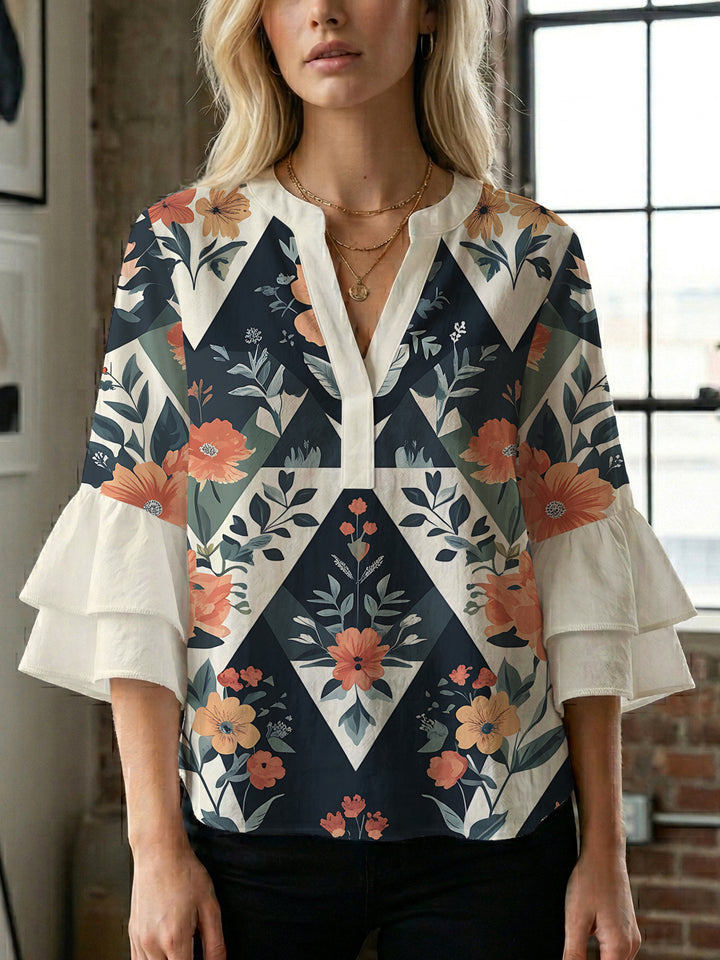 Damen Bluse mit voluminösen Rüschenärmeln und modernem Motiv Drune