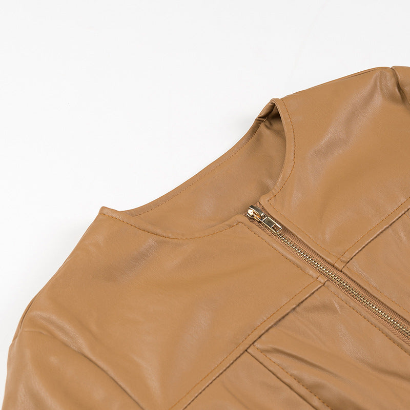 Damen Modische Kunstlederjacke mit tailliertem Schnitt und Reißverschluss Drune