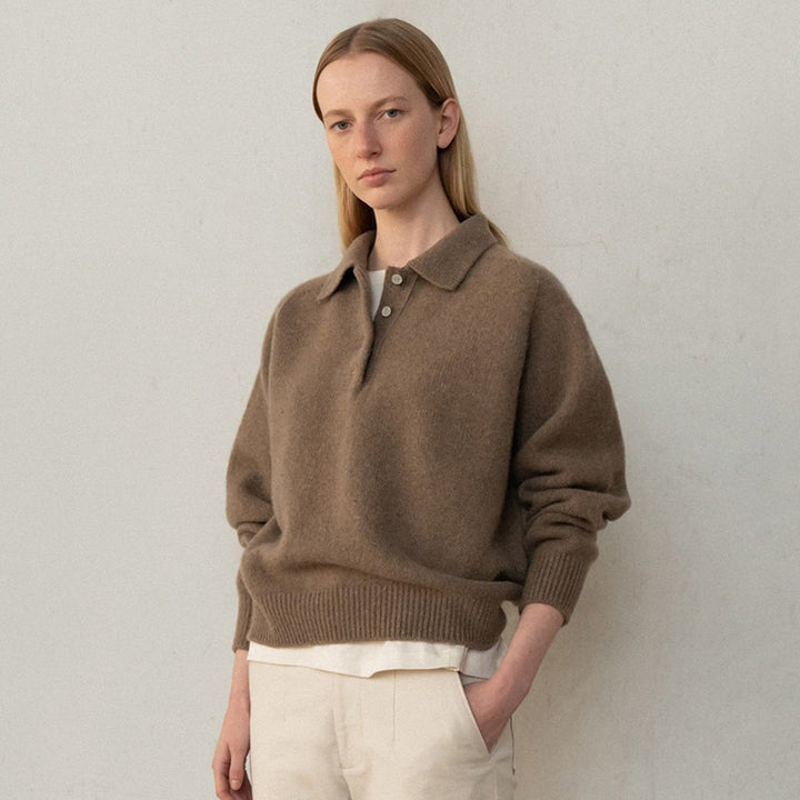 Damen lässiger Pullover mit Polokragen und eleganten Knopfdetails Drune