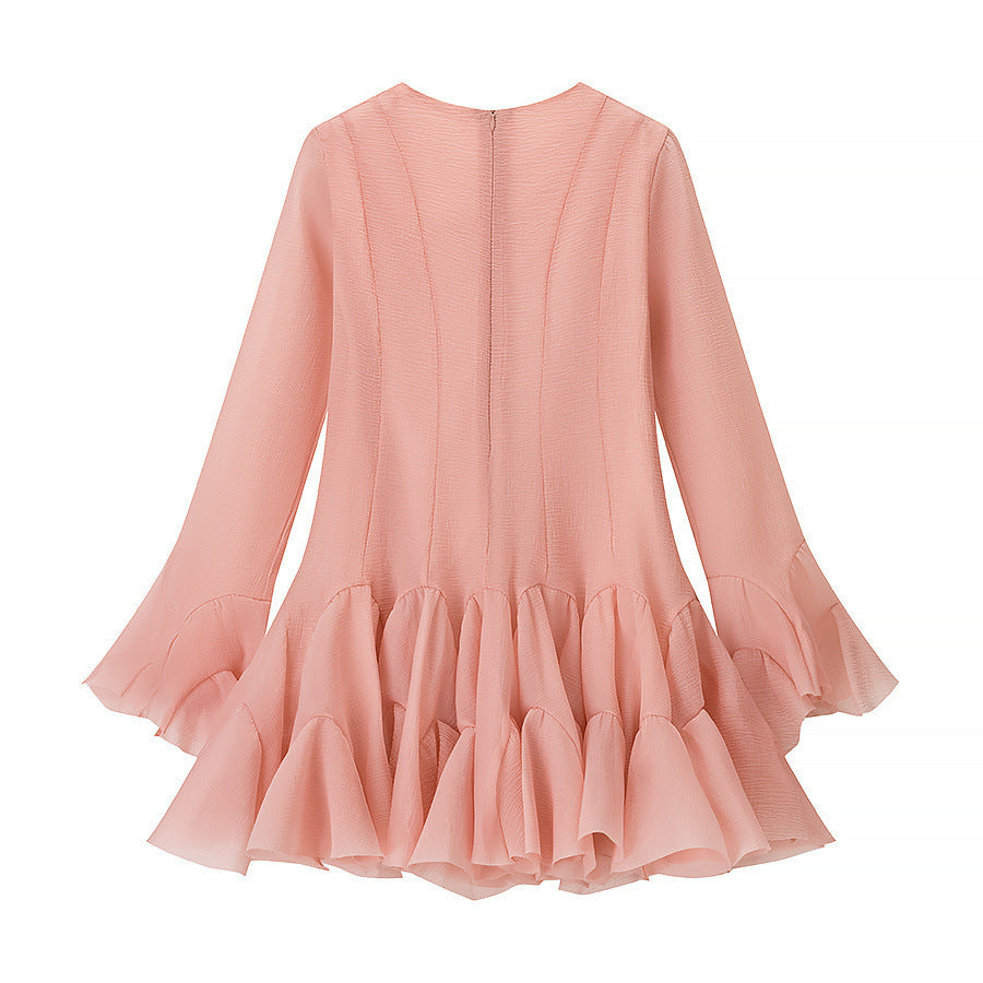 Damen Volantkleid mit langen Ärmeln und Knopfdetail Drune