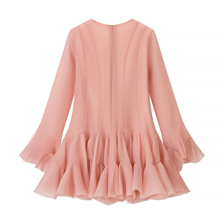 Damen Volantkleid mit langen Ärmeln und Knopfdetail Drune