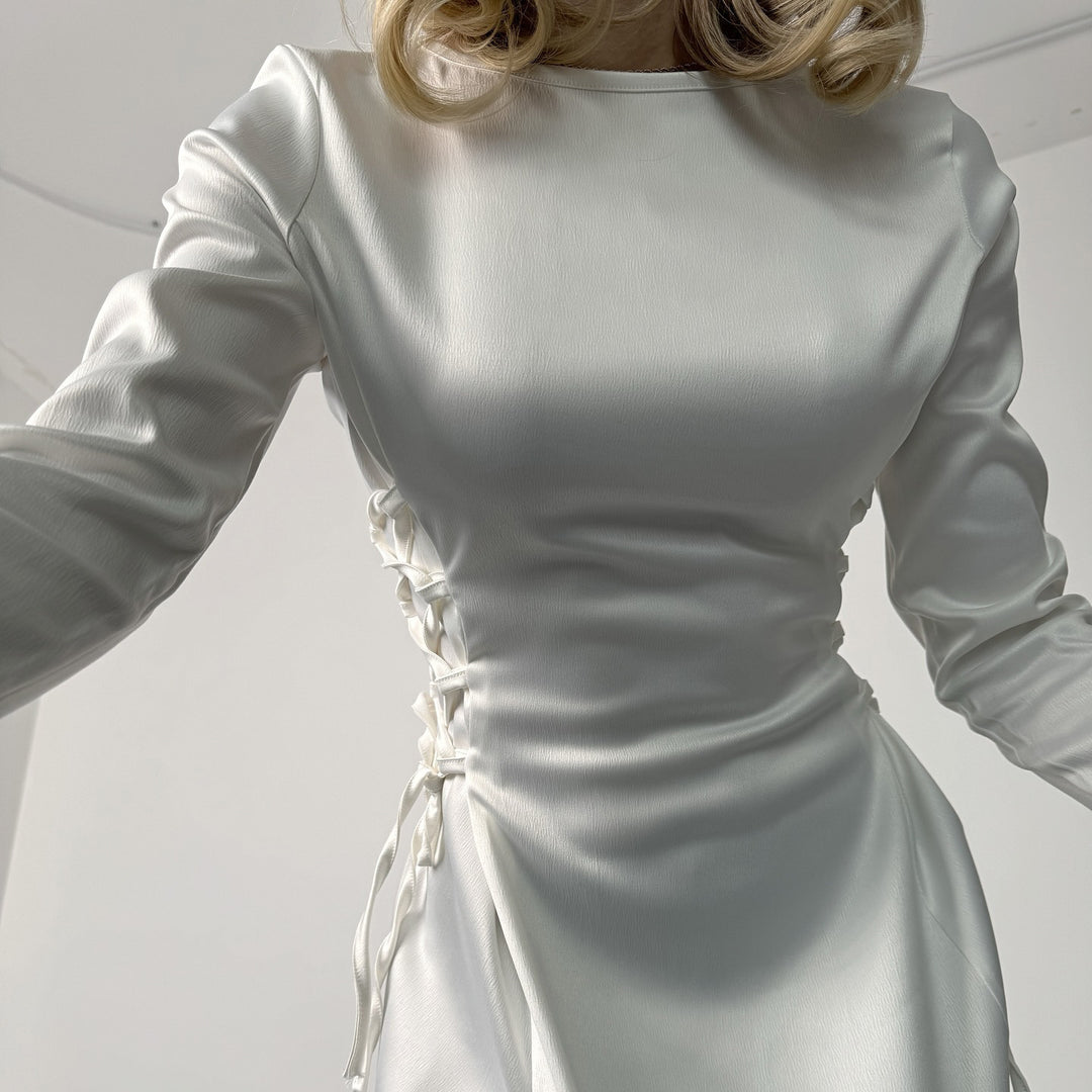 Damen Langärmliges Satin-Maxikleid mit elegantem Schlitz und raffinierter Drapierung Drune