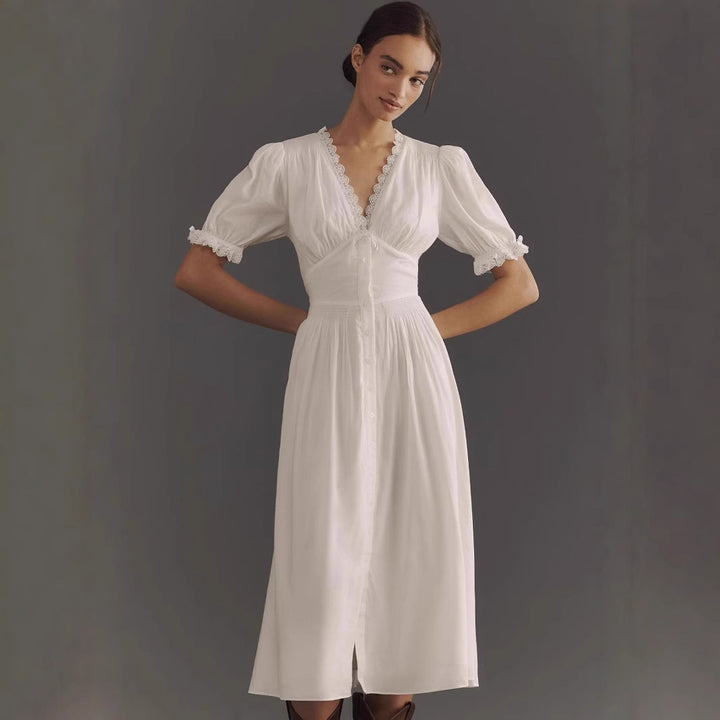 Damen elegantes Midi-Kleid mit Puffärmeln und Knopfleiste Drune