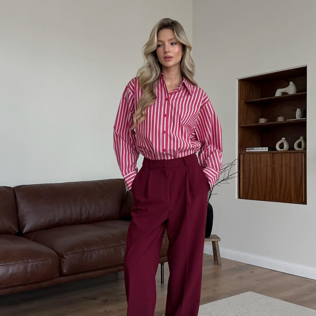 Damen gestreifte Bluse mit voluminösen Ärmeln und modischen Knopfdetails Drune