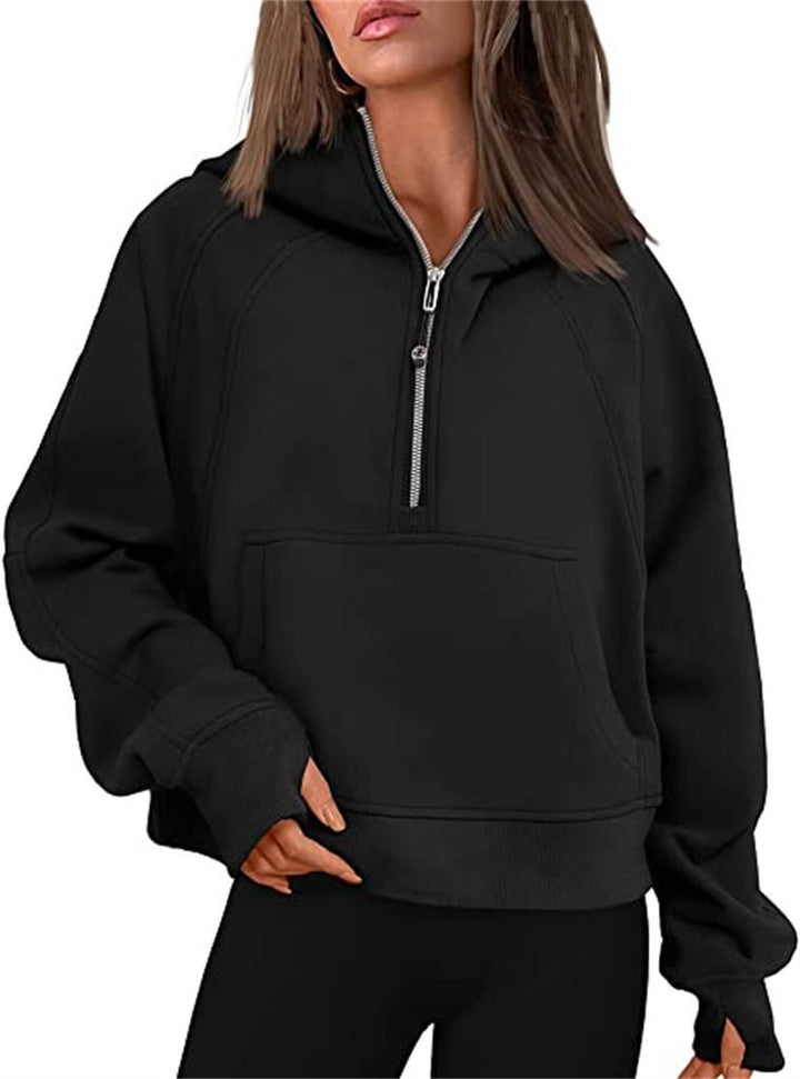 Damen Kapuzenpullover mit halbem Reißverschluss und praktischer Kängurutasche Drune